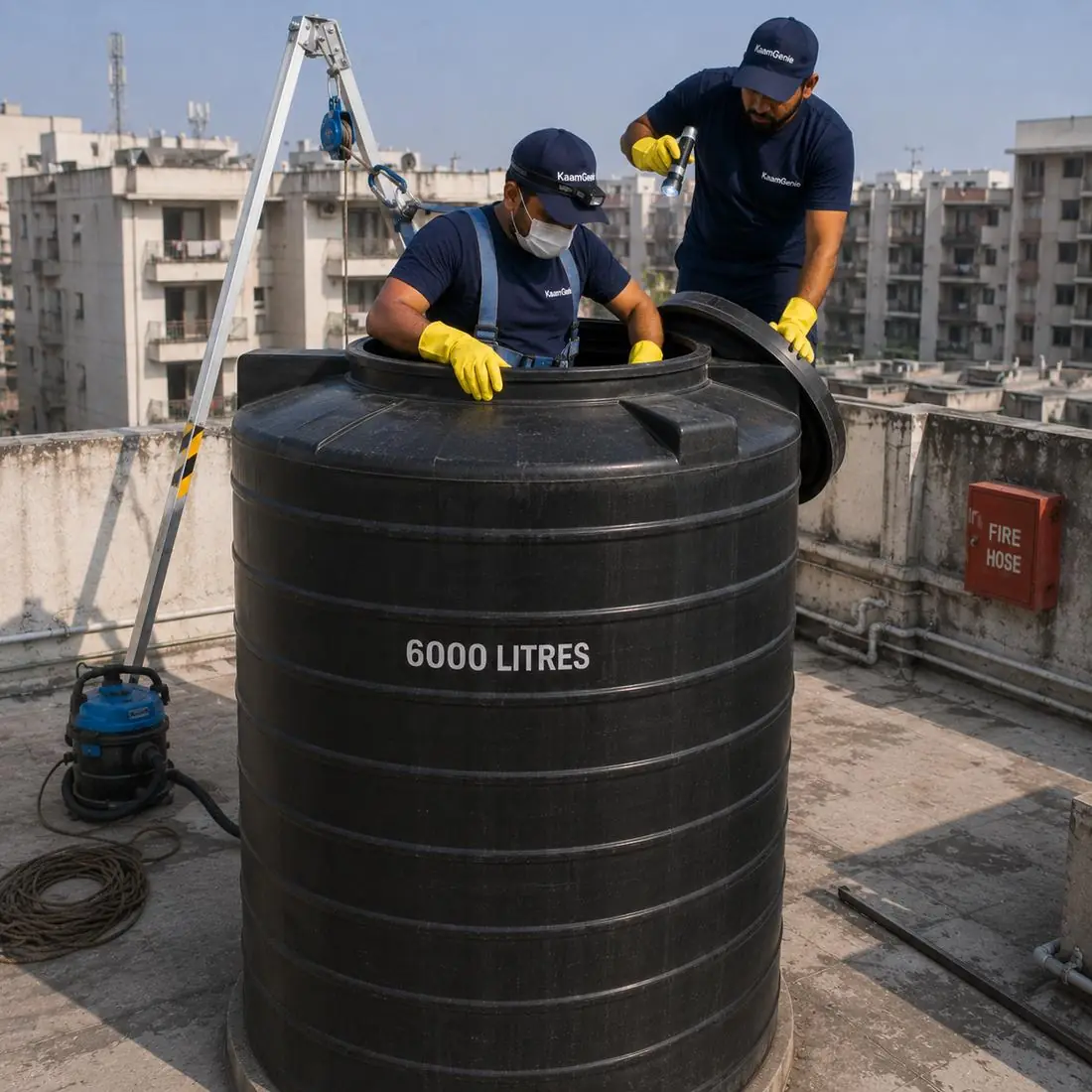 KaamGenie crew cleaning a water tank in Prashant Vihar, West Delhi