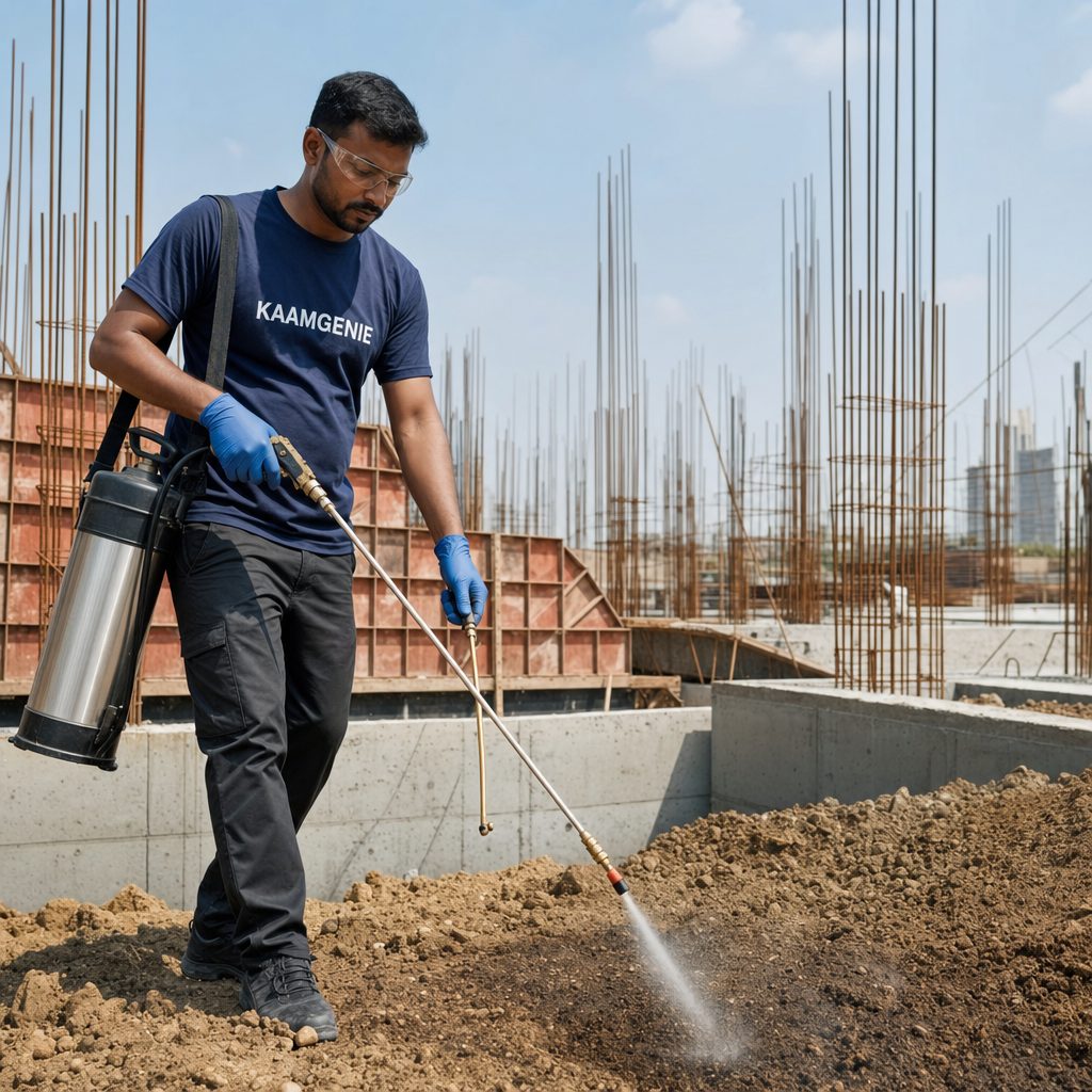 KaamGenie termite technician treating a Delhi construction site foundation pit with anti-termite chemical