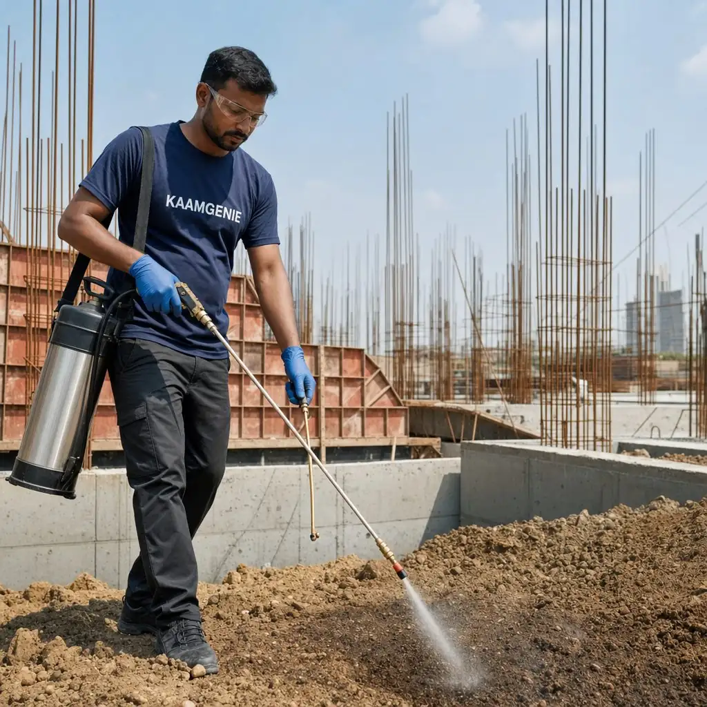 KaamGenie termite technician treating a Delhi construction site foundation pit with anti-termite chemical