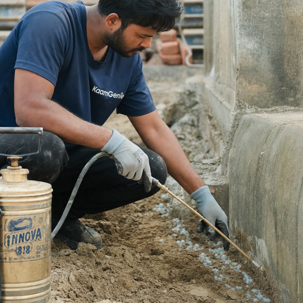 KaamGenie crew spraying chemical emulsion on the foundation pit of a Delhi construction site