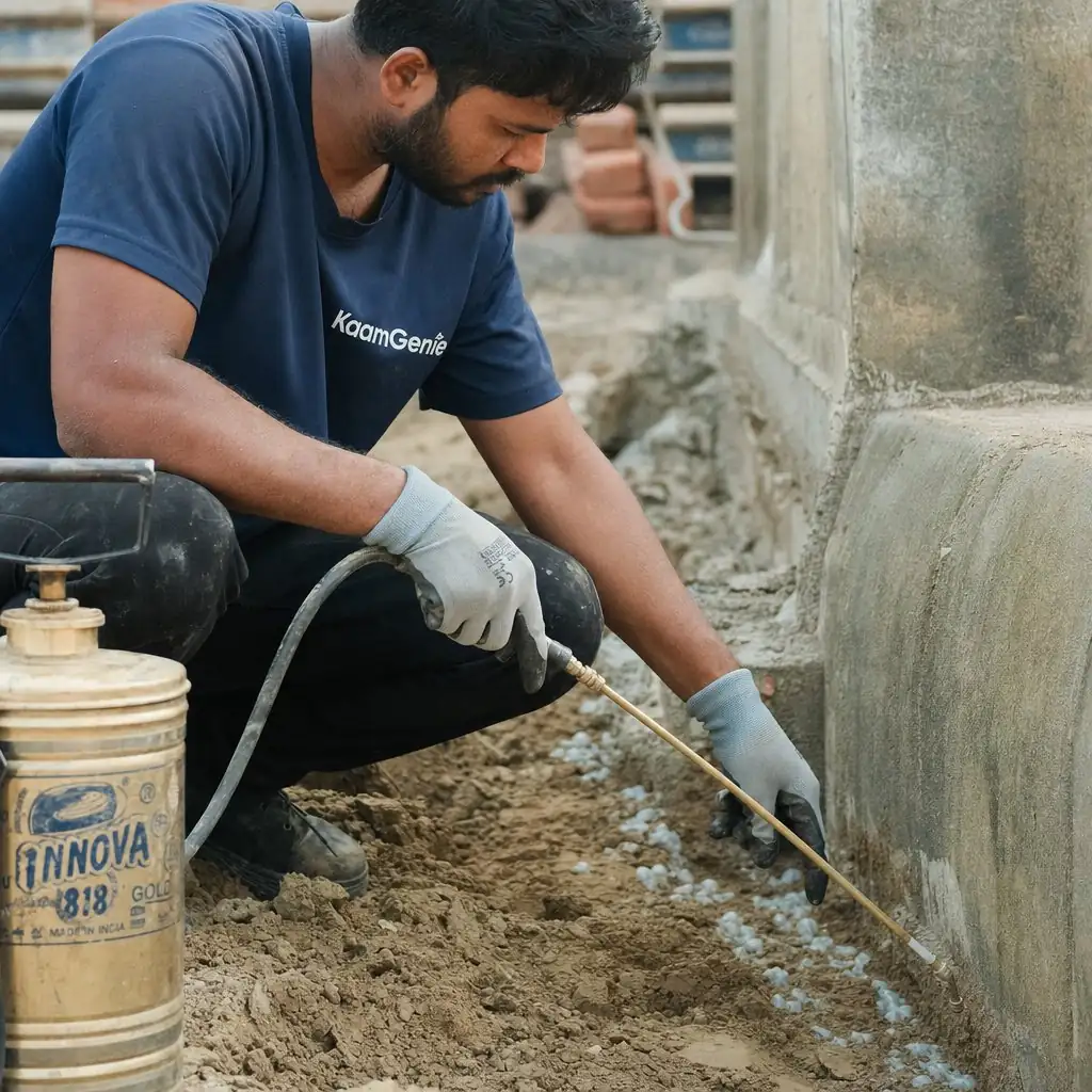 KaamGenie crew spraying chemical emulsion on the foundation pit of a Delhi construction site
