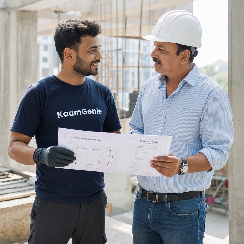 KaamGenie technician treating plinth-level soil before flooring is laid in a Delhi kothi