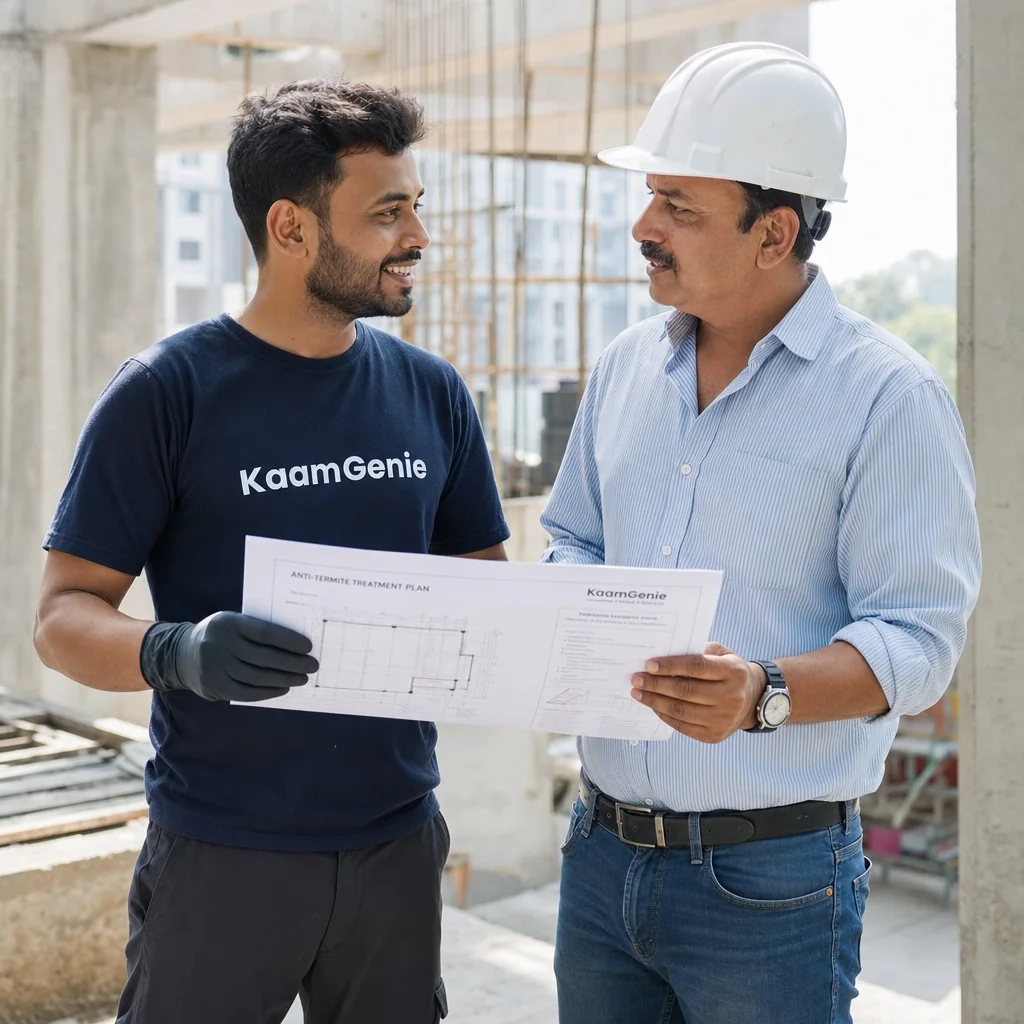 KaamGenie technician treating plinth-level soil before flooring is laid in a Delhi kothi