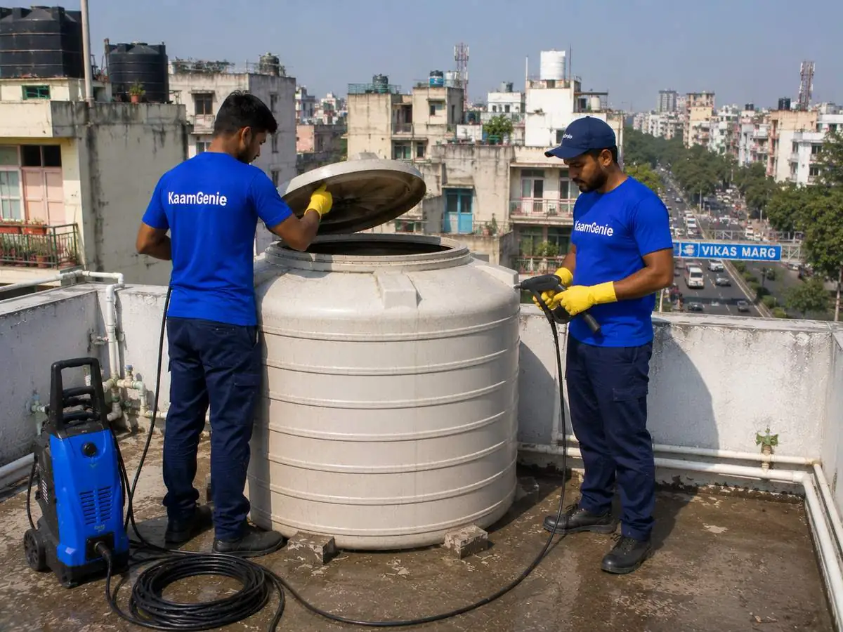 KaamGenie crew cleaning a water tank in Preet Vihar, East Delhi