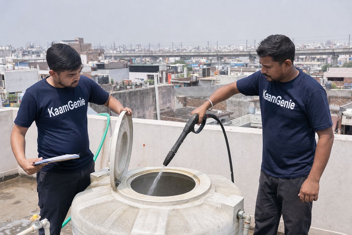 KaamGenie crew cleaning a water tank in Prem Nagar, North Delhi