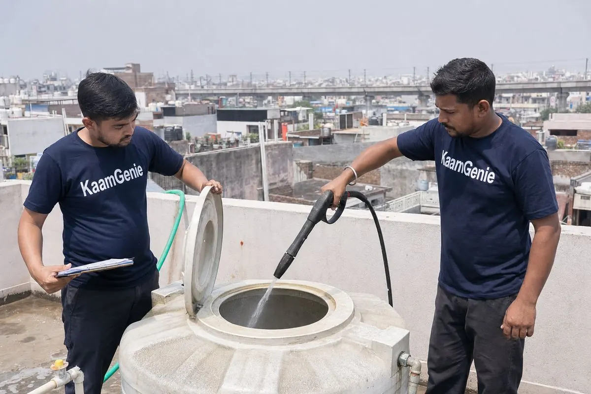 KaamGenie crew cleaning a water tank in Prem Nagar, North Delhi