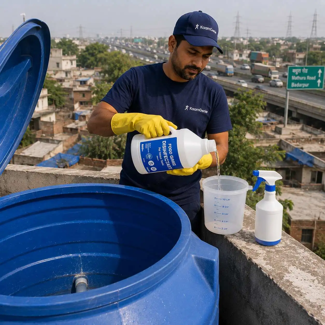 KaamGenie crew cleaning an overhead water tank on a Pul Pahladpur rooftop in South Delhi