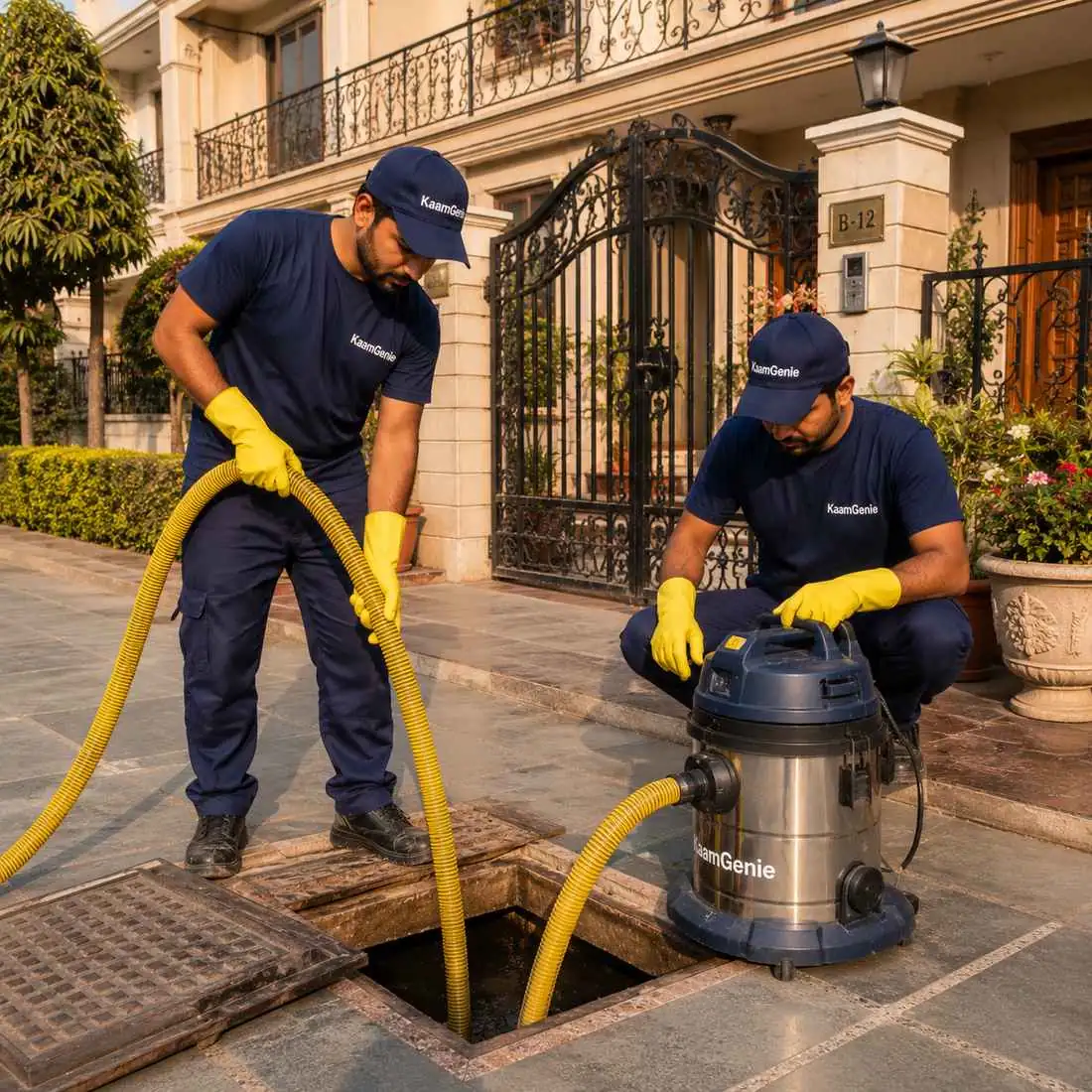 KaamGenie crew cleaning a water tank in Punjabi Bagh, West Delhi