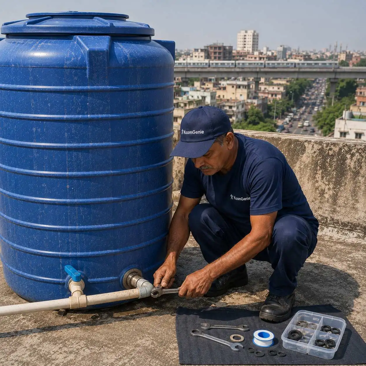 KaamGenie crew cleaning an overhead water tank on a Pushp Vihar rooftop in South Delhi