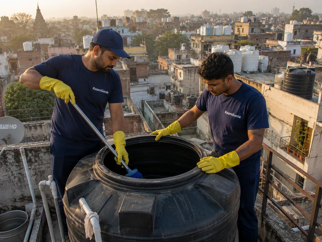 KaamGenie crew cleaning a water tank in Rajgarh Colony, East Delhi