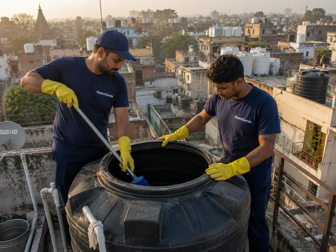 KaamGenie crew cleaning a water tank in Rajgarh Colony, East Delhi