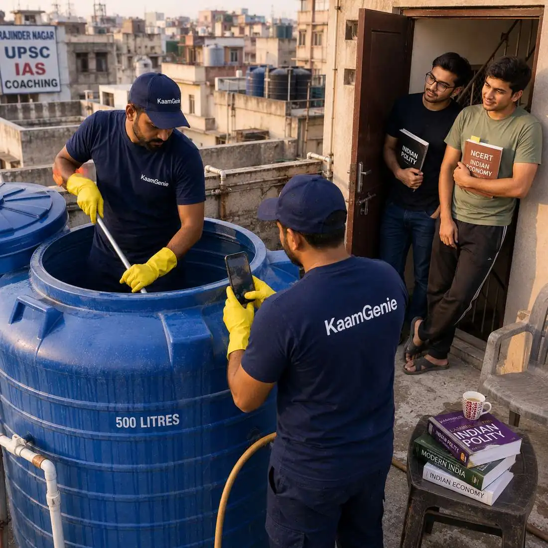 KaamGenie crew cleaning a water tank in Rajinder Nagar, West Delhi