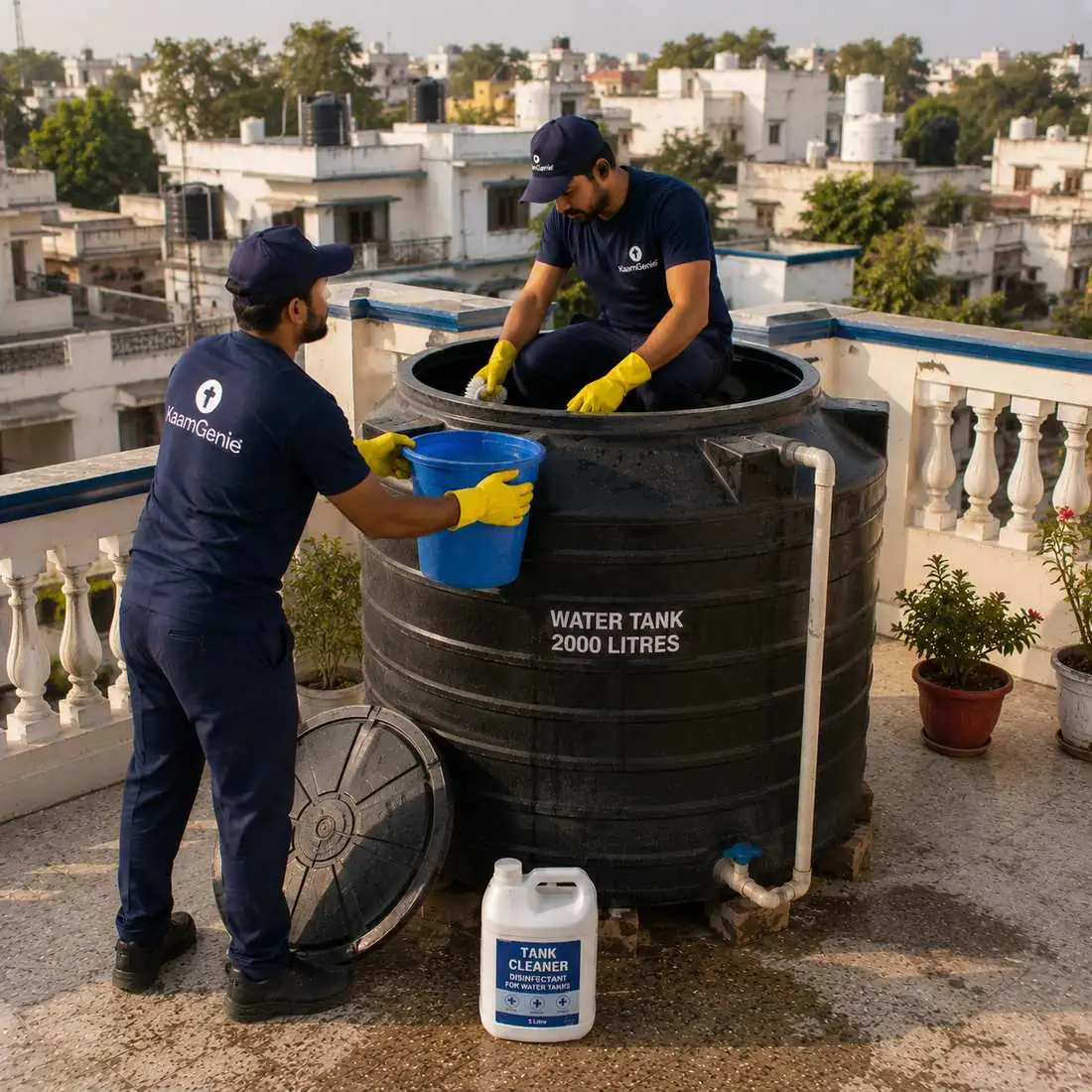 KaamGenie crew cleaning a water tank in Rajouri Garden, West Delhi