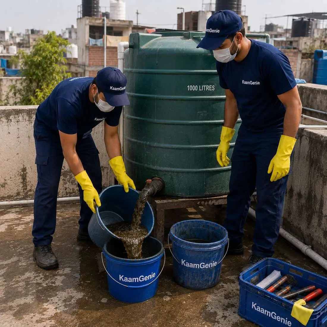 KaamGenie crew cleaning a water tank in Ramesh Nagar, West Delhi