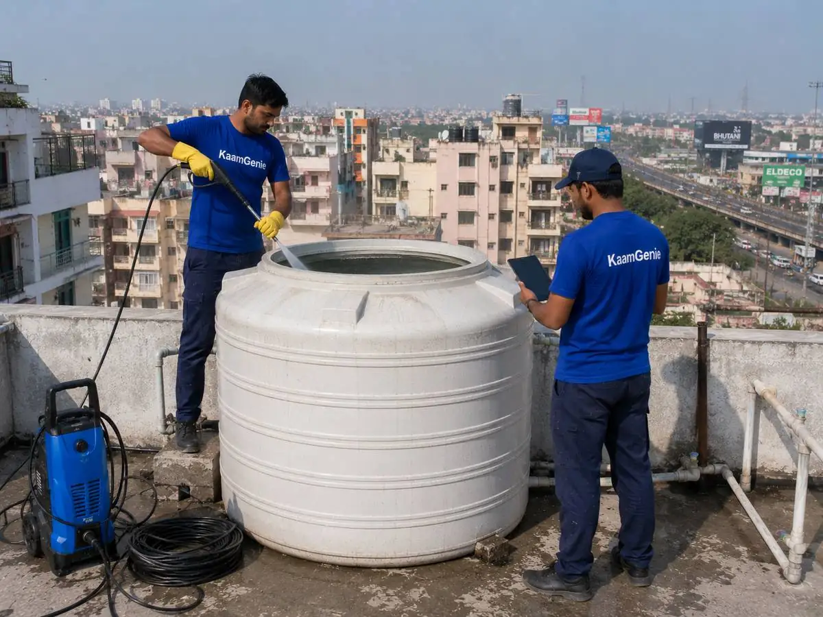 KaamGenie crew cleaning a water tank in Ramprastha, East Delhi