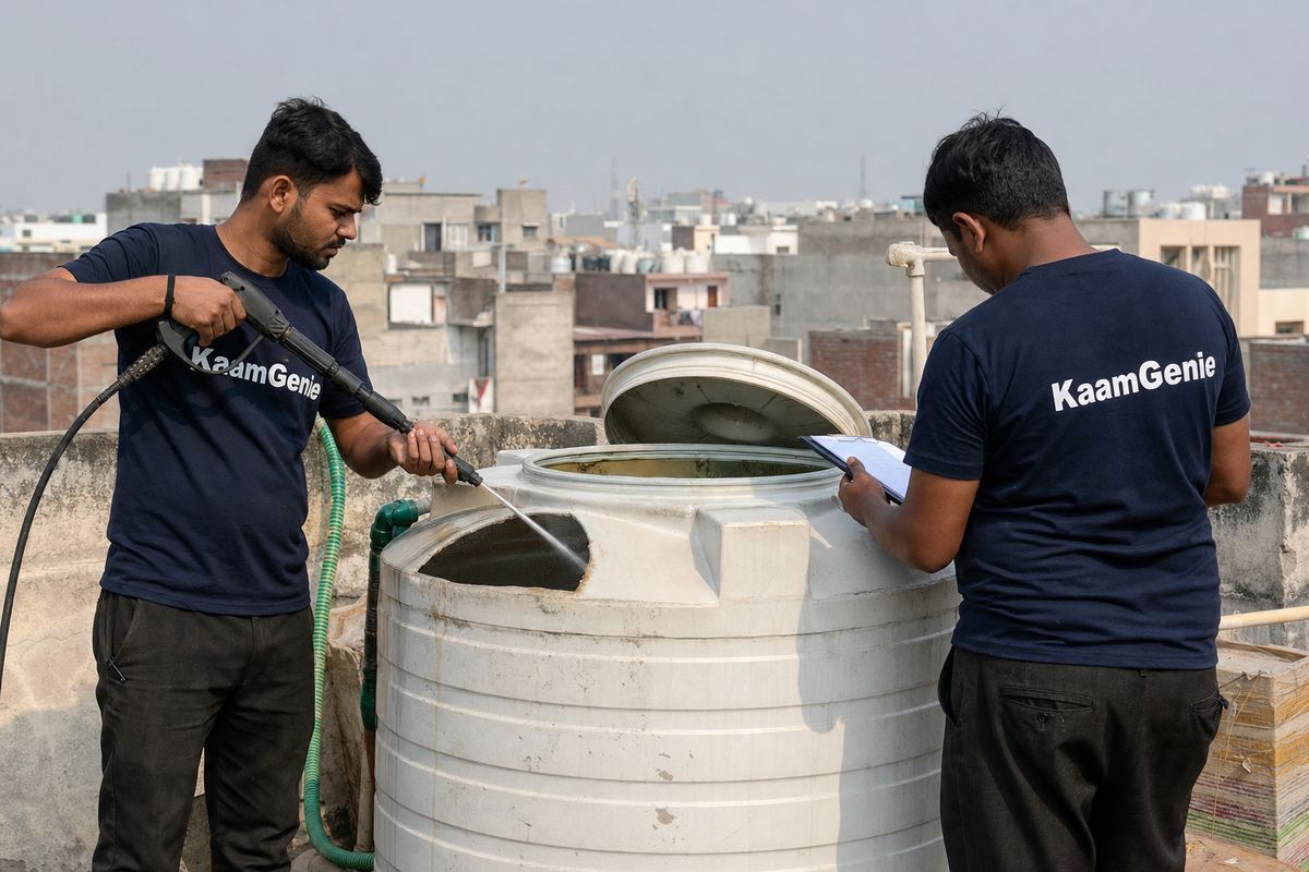 KaamGenie crew cleaning a water tank in Rampura, North Delhi