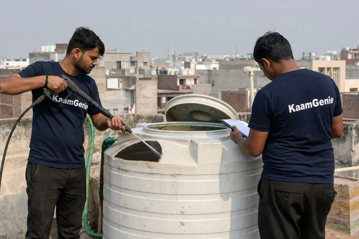 KaamGenie crew cleaning a water tank in Rampura, North Delhi