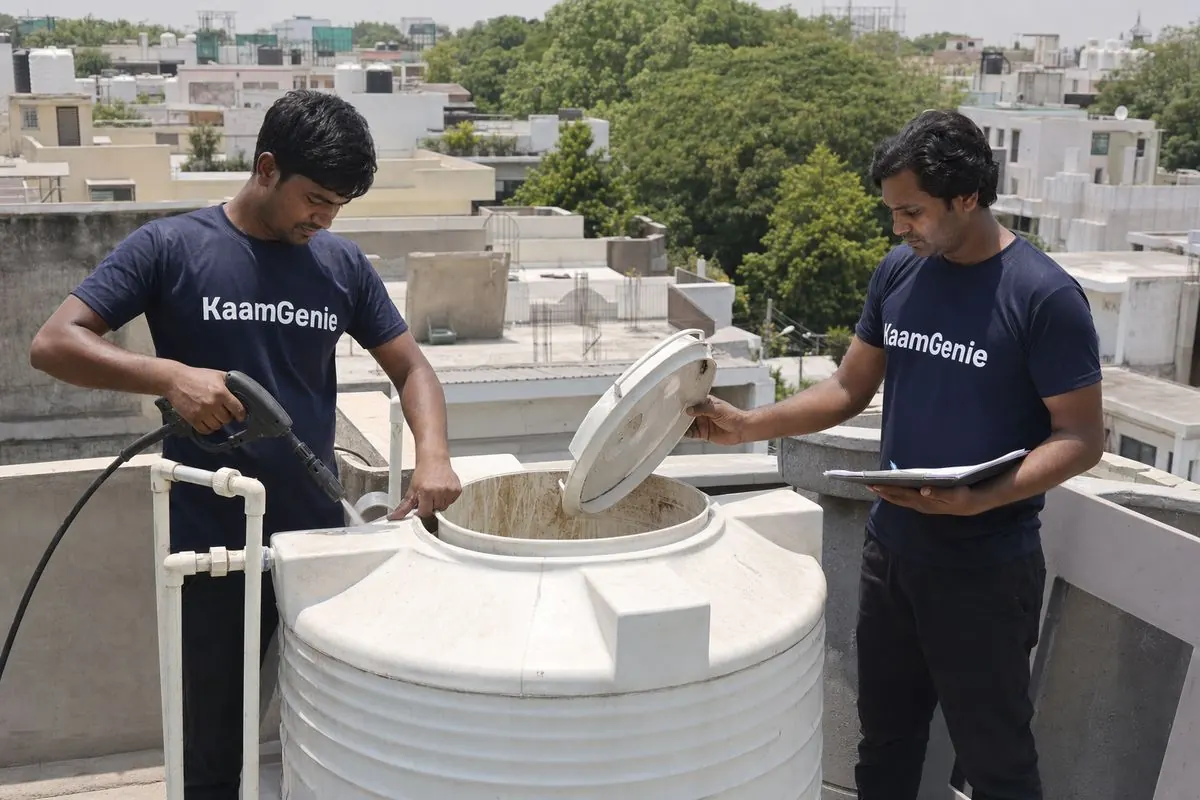 KaamGenie crew cleaning a water tank in Rana Pratap Bagh, North Delhi