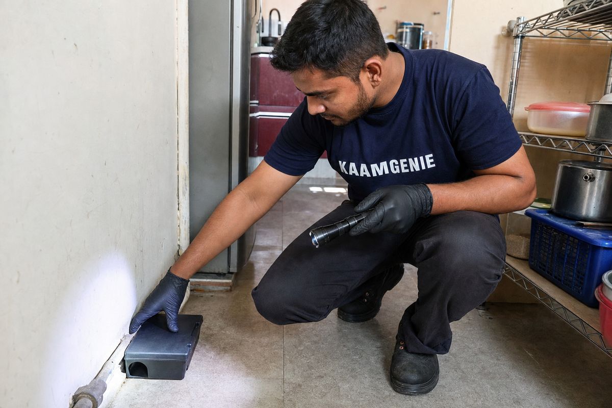 KaamGenie technician placing a tamper-proof rodent bait station along a Delhi kitchen wall to control rats and mice