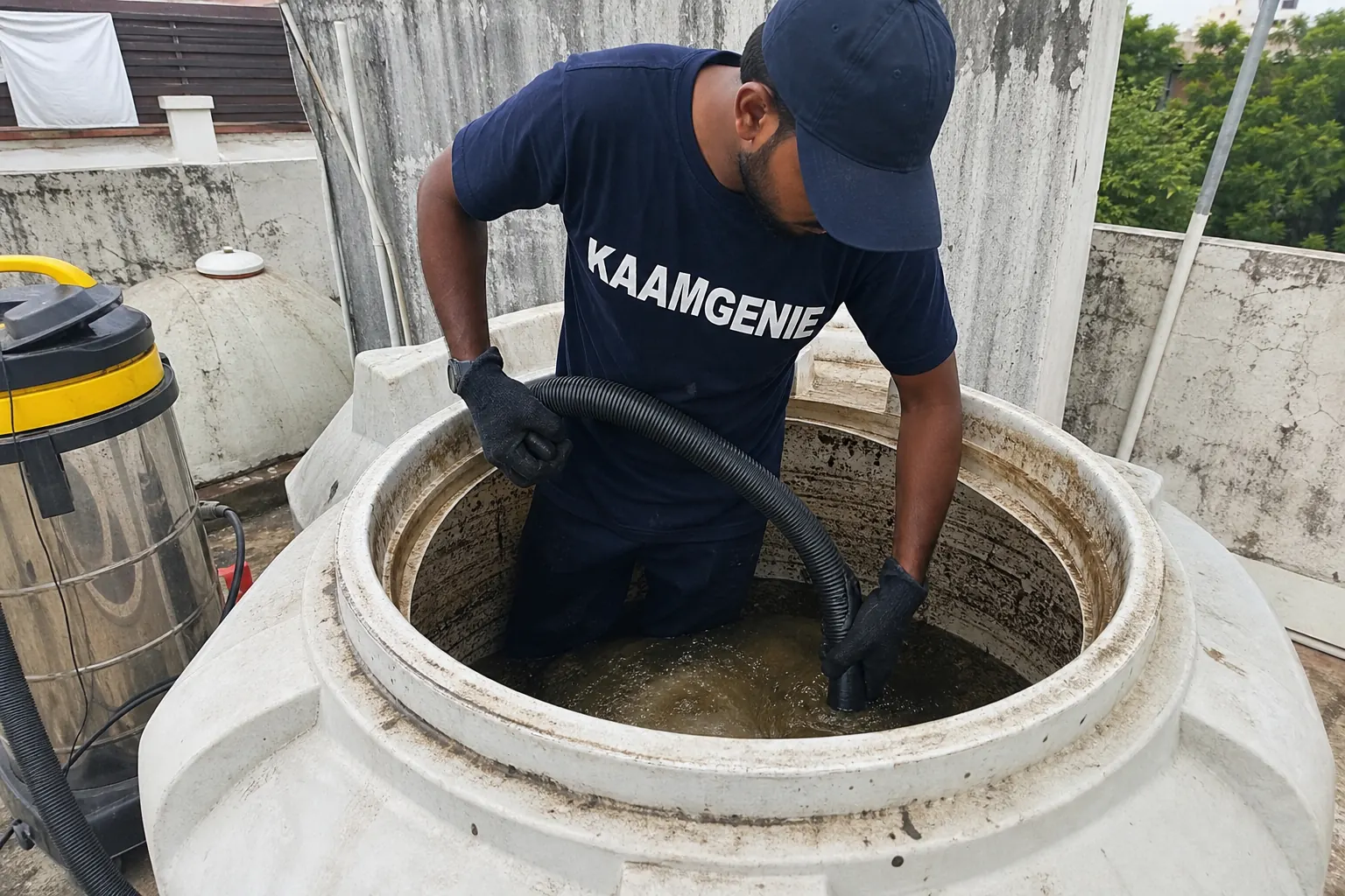 KaamGenie crew draining and scrubbing a worm-infested water tank in Delhi