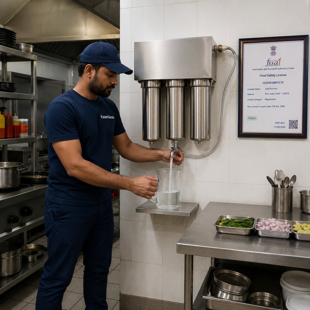 A small Delhi restaurant kitchen with a commercial stainless steel water filter unit on the wall, water flowing into a clear container, and a framed FSSAI Food Safety License visible on the right