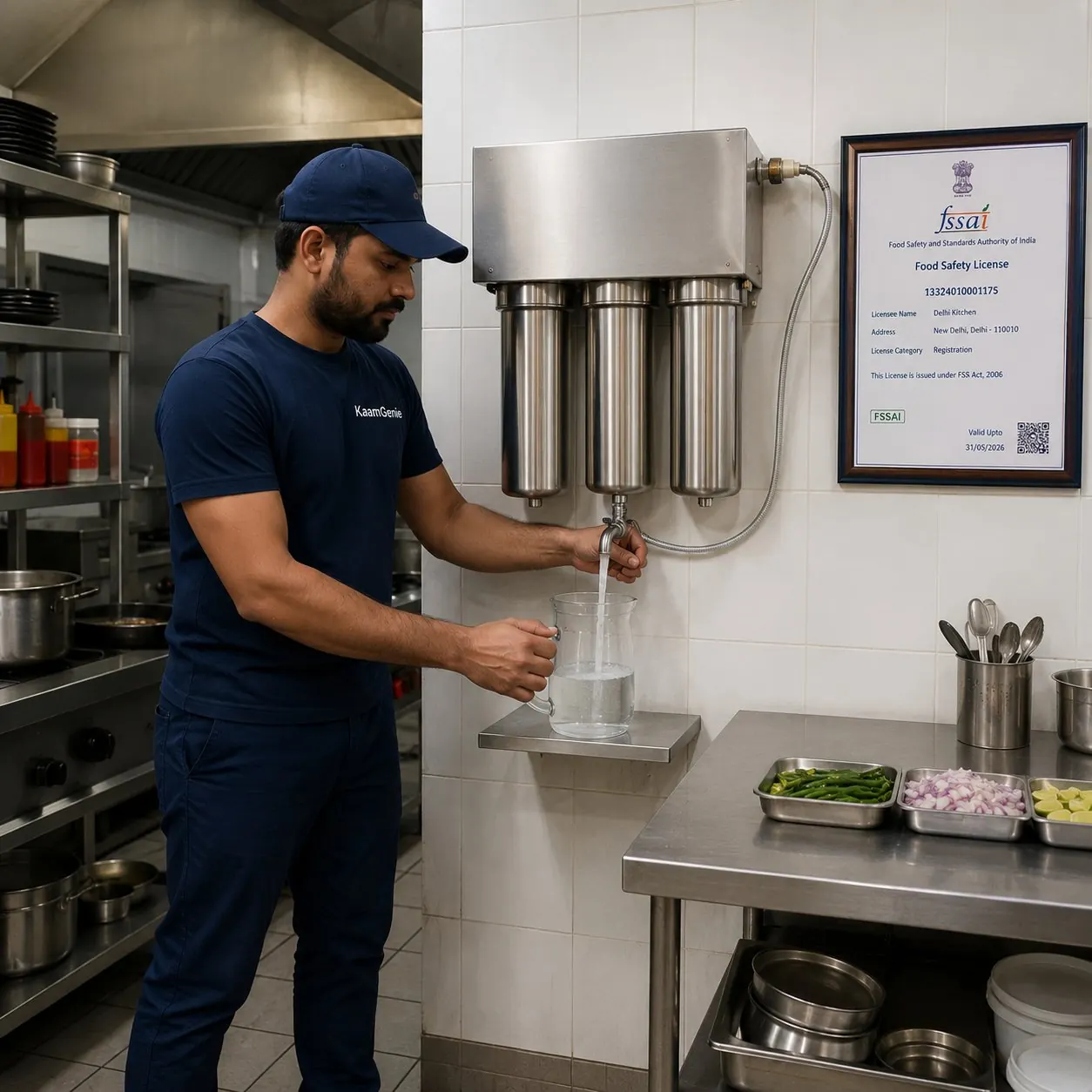 A small Delhi restaurant kitchen with a commercial stainless steel water filter unit on the wall, water flowing into a clear container, and a framed FSSAI Food Safety License visible on the right