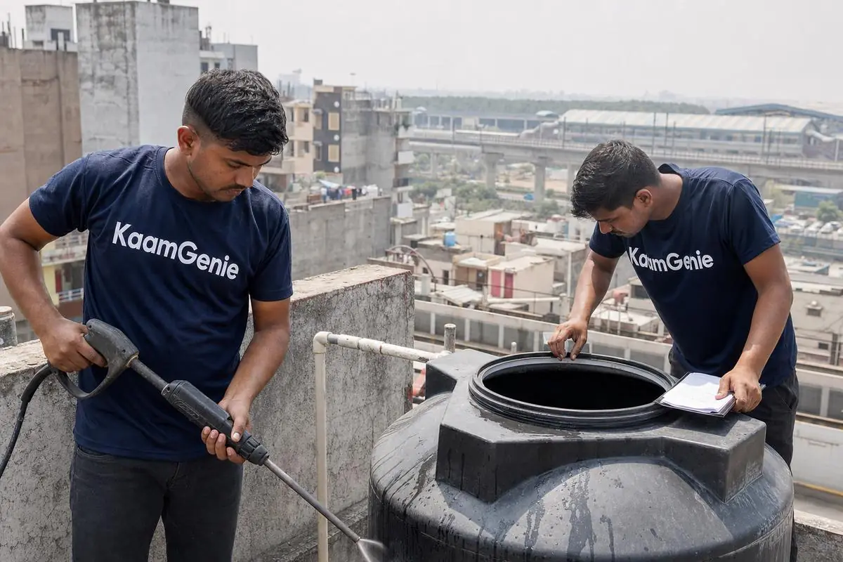 KaamGenie crew cleaning a water tank in Rithala, North Delhi