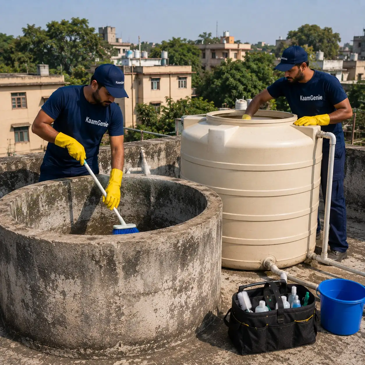 KaamGenie crew cleaning shared overhead water tanks on a 1970s RK Puram government quarter rooftop