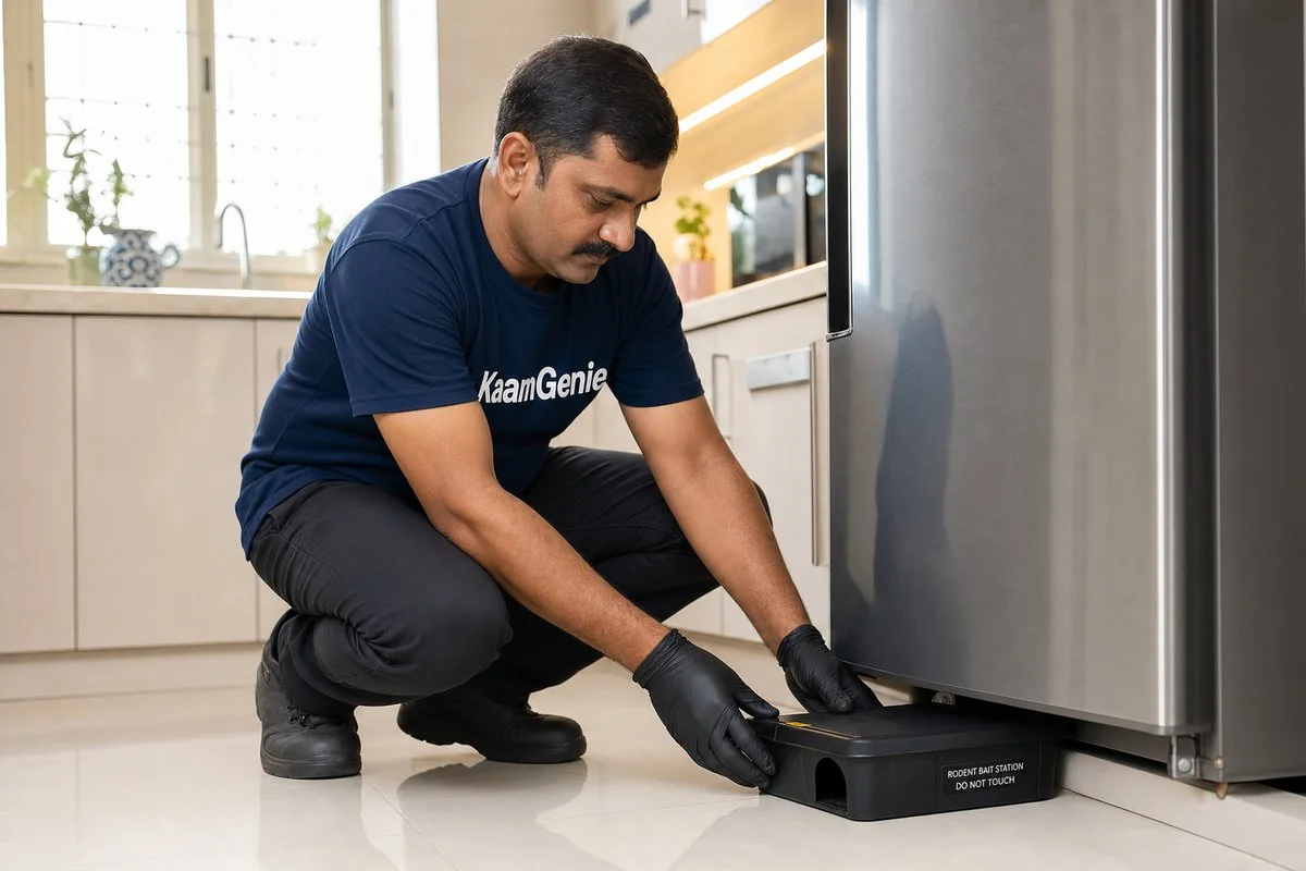 KaamGenie technician placing a tamper-resistant rodent bait station behind kitchen appliances in a Delhi home