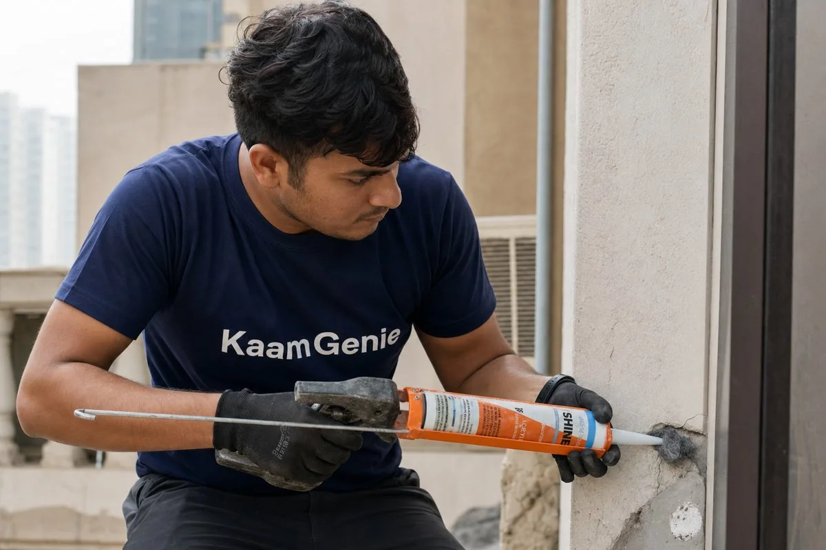 KaamGenie technician sealing a wall gap with steel-wool stuffing and caulk gun, blocking rodent entry points in Delhi