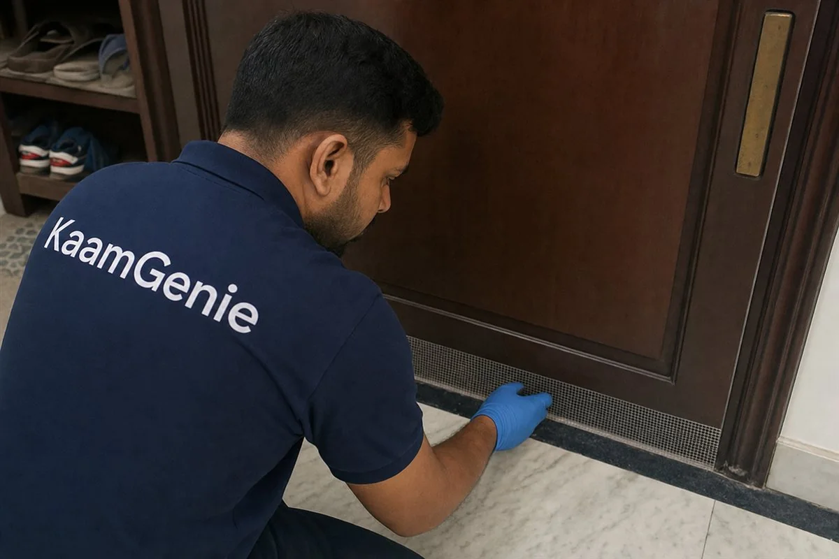 KaamGenie technician sealing a gap around a pipe penetration under a Delhi kitchen sink to rodent-proof the home