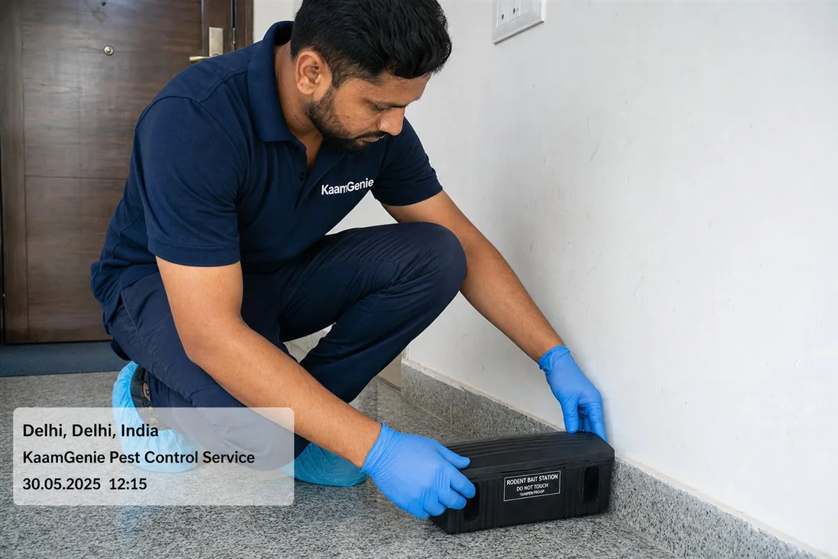 A brush-strip door sweep fitted to the base of a Delhi home door to close the under-door gap rats use at night