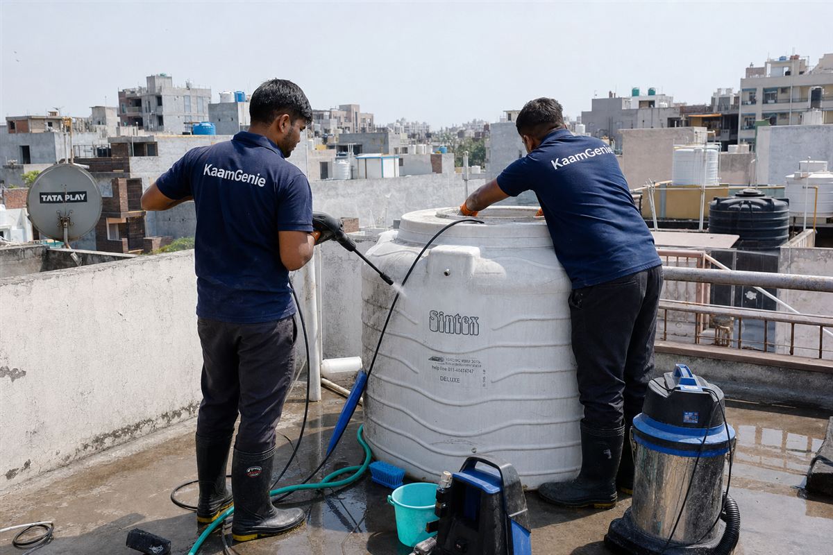 KaamGenie crew cleaning a water tank in Rohini Sector 10, Delhi