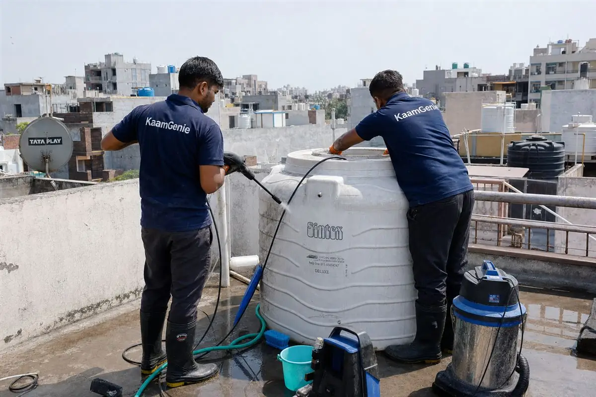 KaamGenie crew cleaning a water tank in Rohini Sector 10, Delhi