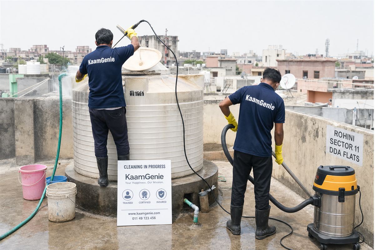 KaamGenie crew cleaning a water tank in Rohini Sector 11, Delhi