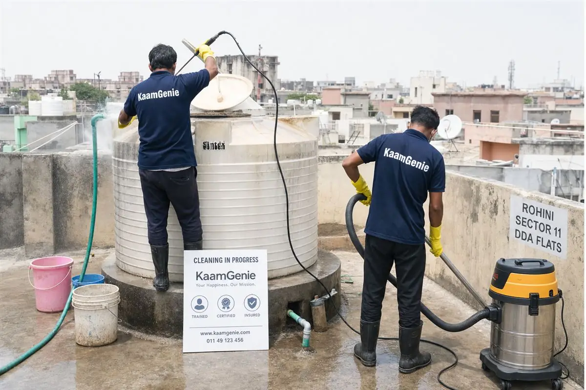 KaamGenie crew cleaning a water tank in Rohini Sector 11, Delhi