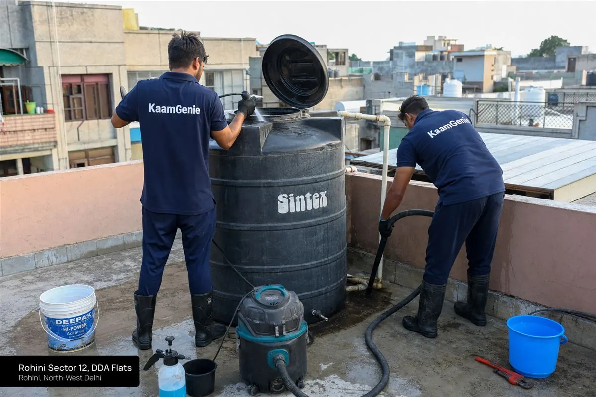 KaamGenie crew cleaning a water tank in Rohini Sector 12, Delhi
