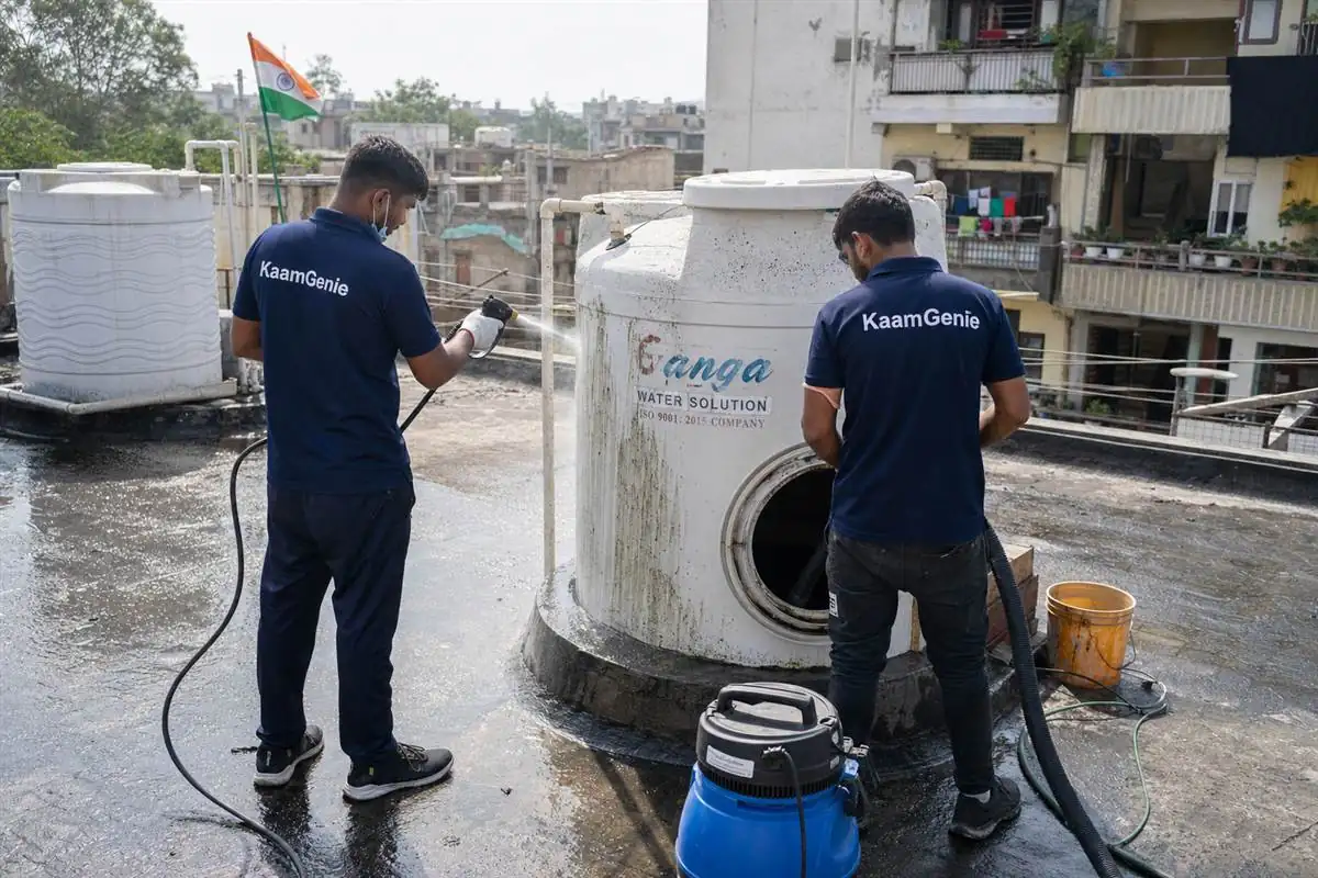 KaamGenie crew cleaning a water tank in Rohini Sector 14, Delhi