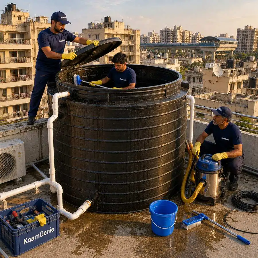 KaamGenie crew cleaning a water tank in Rohini Sector 15, West Delhi