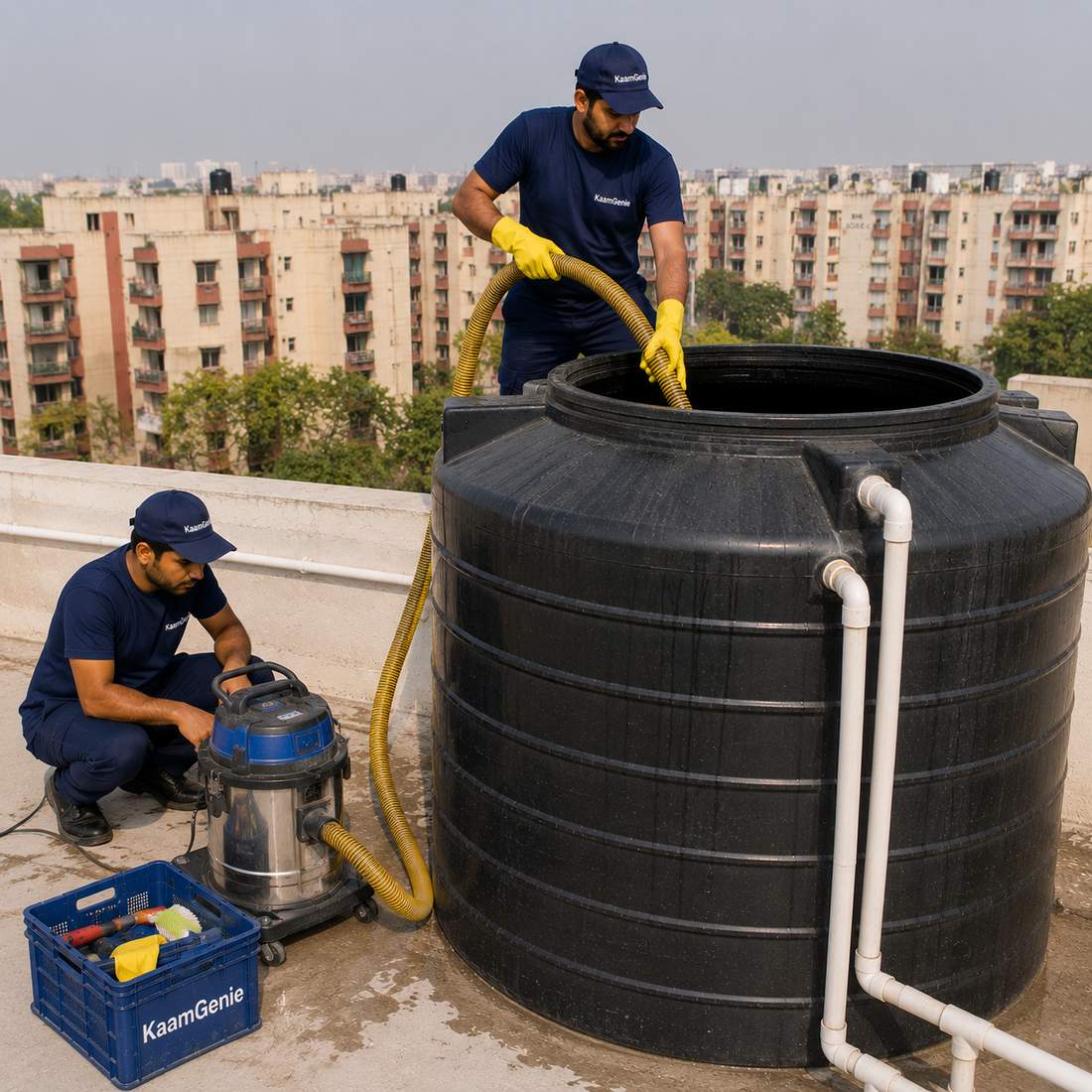 KaamGenie crew cleaning a water tank in Rohini Sector 16, West Delhi
