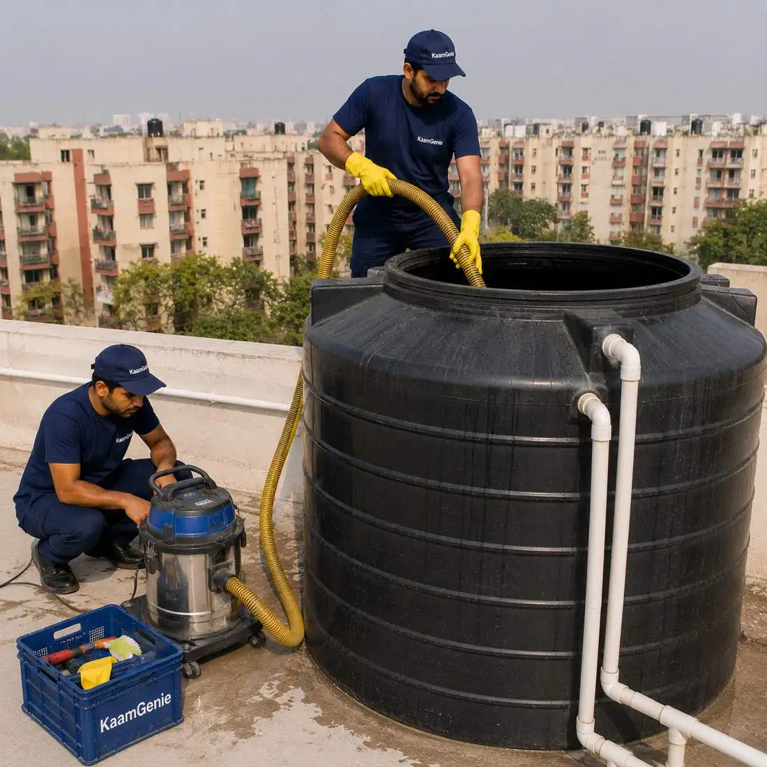 KaamGenie crew cleaning a water tank in Rohini Sector 16, West Delhi