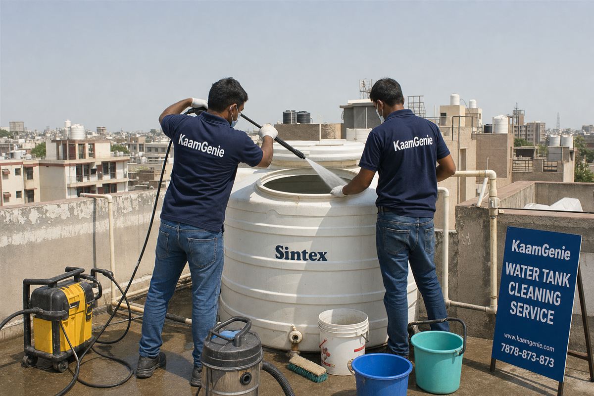 KaamGenie crew cleaning a water tank in Rohini Sector 18, Delhi