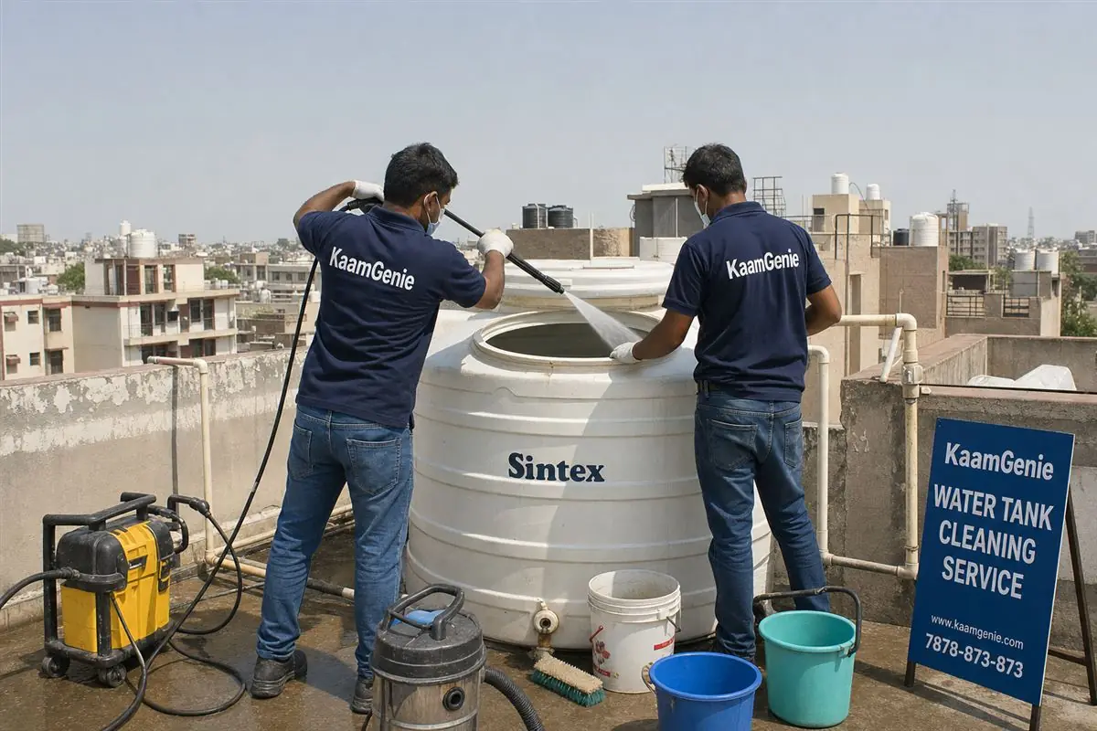 KaamGenie crew cleaning a water tank in Rohini Sector 18, Delhi