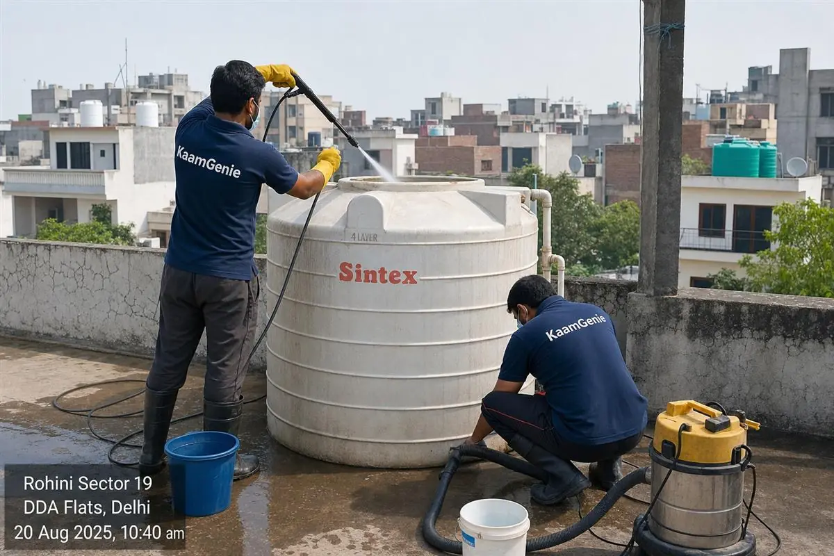 KaamGenie crew cleaning a water tank in Rohini Sector 19, Delhi