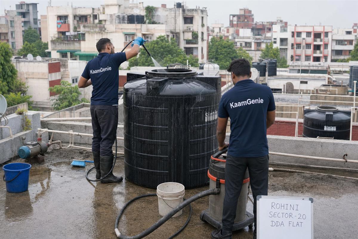 KaamGenie crew cleaning a water tank in Rohini Sector 20, Delhi
