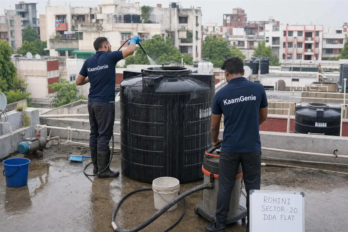 KaamGenie crew cleaning a water tank in Rohini Sector 20, Delhi