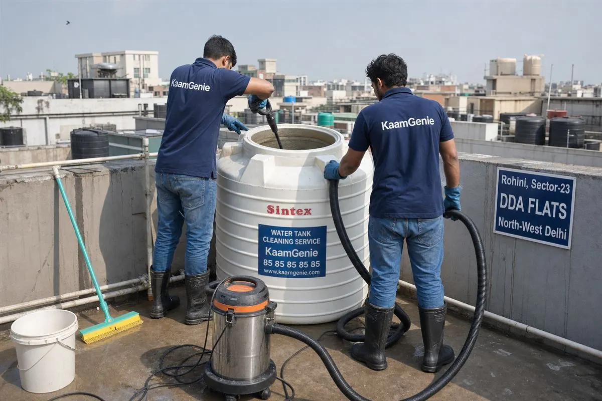 KaamGenie crew cleaning a water tank in Rohini Sector 23, Delhi