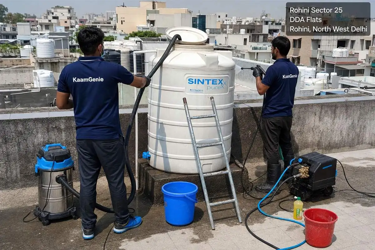 KaamGenie crew cleaning a water tank in Rohini Sector 25, Delhi