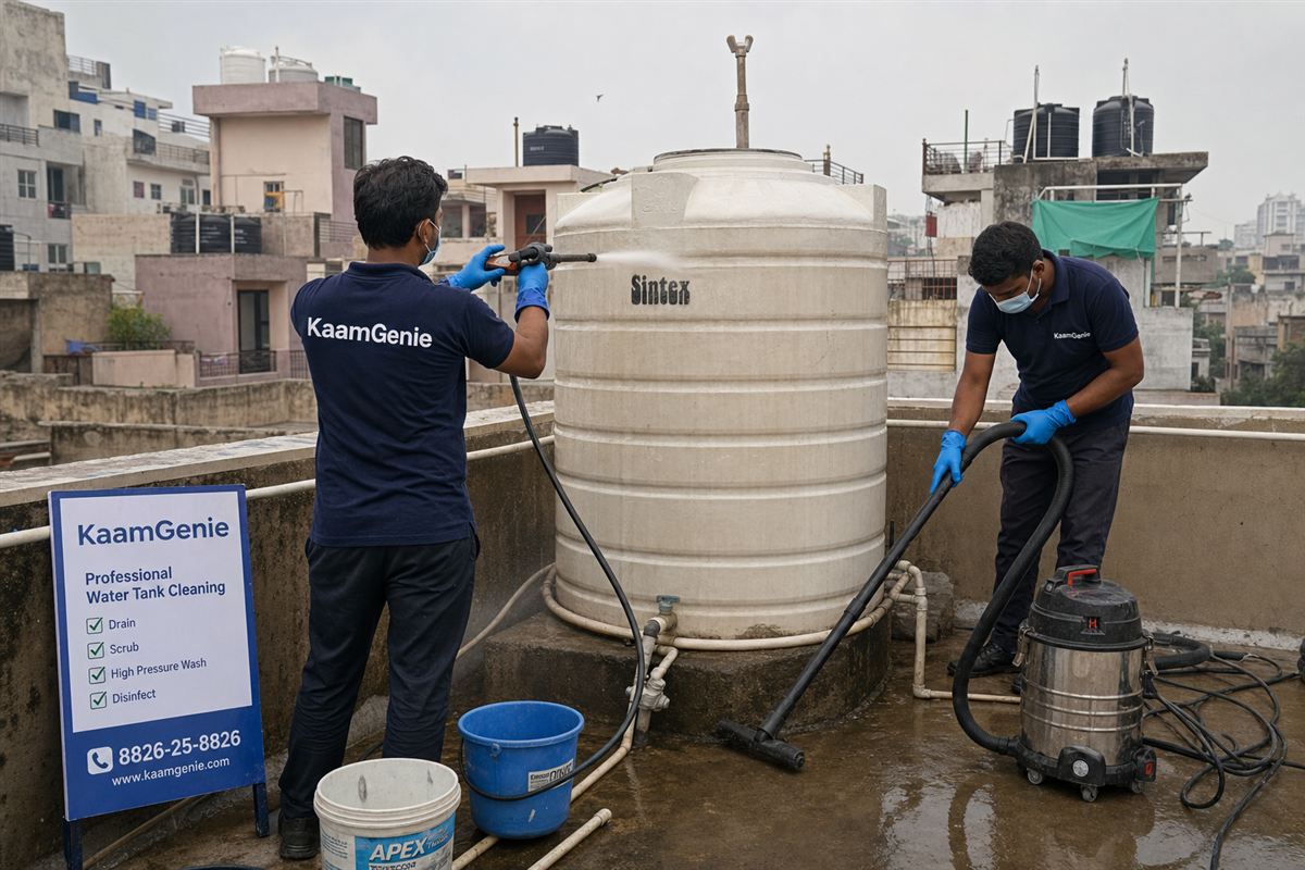 KaamGenie crew cleaning a water tank in Rohini Sector 29, Delhi