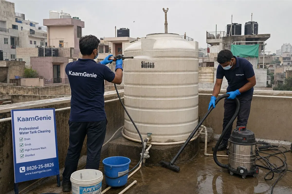 KaamGenie crew cleaning a water tank in Rohini Sector 29, Delhi